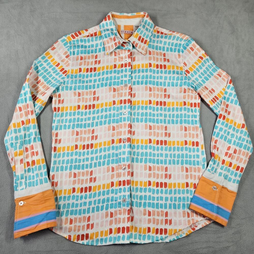 Tizzie Shirt Womens Small Button Down Cotton Printed Long Sleeve Colorful Beachy